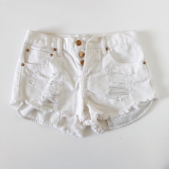 distressed white denim shorts